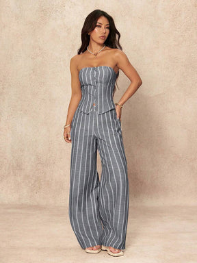 SHEIN PETITE 2 Peças Conjunto de Top Tubinho Listrado Minimalista e Calça Pantalona Feminino, Estilo Commuter, Verão