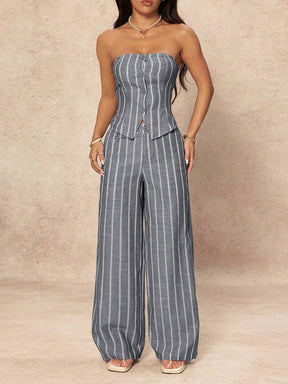SHEIN PETITE 2 Peças Conjunto de Top Tubinho Listrado Minimalista e Calça Pantalona Feminino, Estilo Commuter, Verão