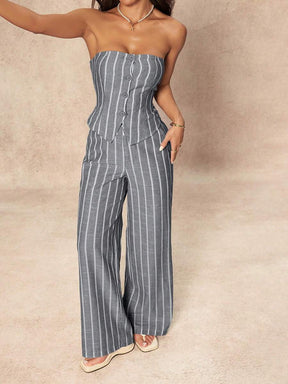 SHEIN PETITE 2 Peças Conjunto de Top Tubinho Listrado Minimalista e Calça Pantalona Feminino, Estilo Commuter, Verão