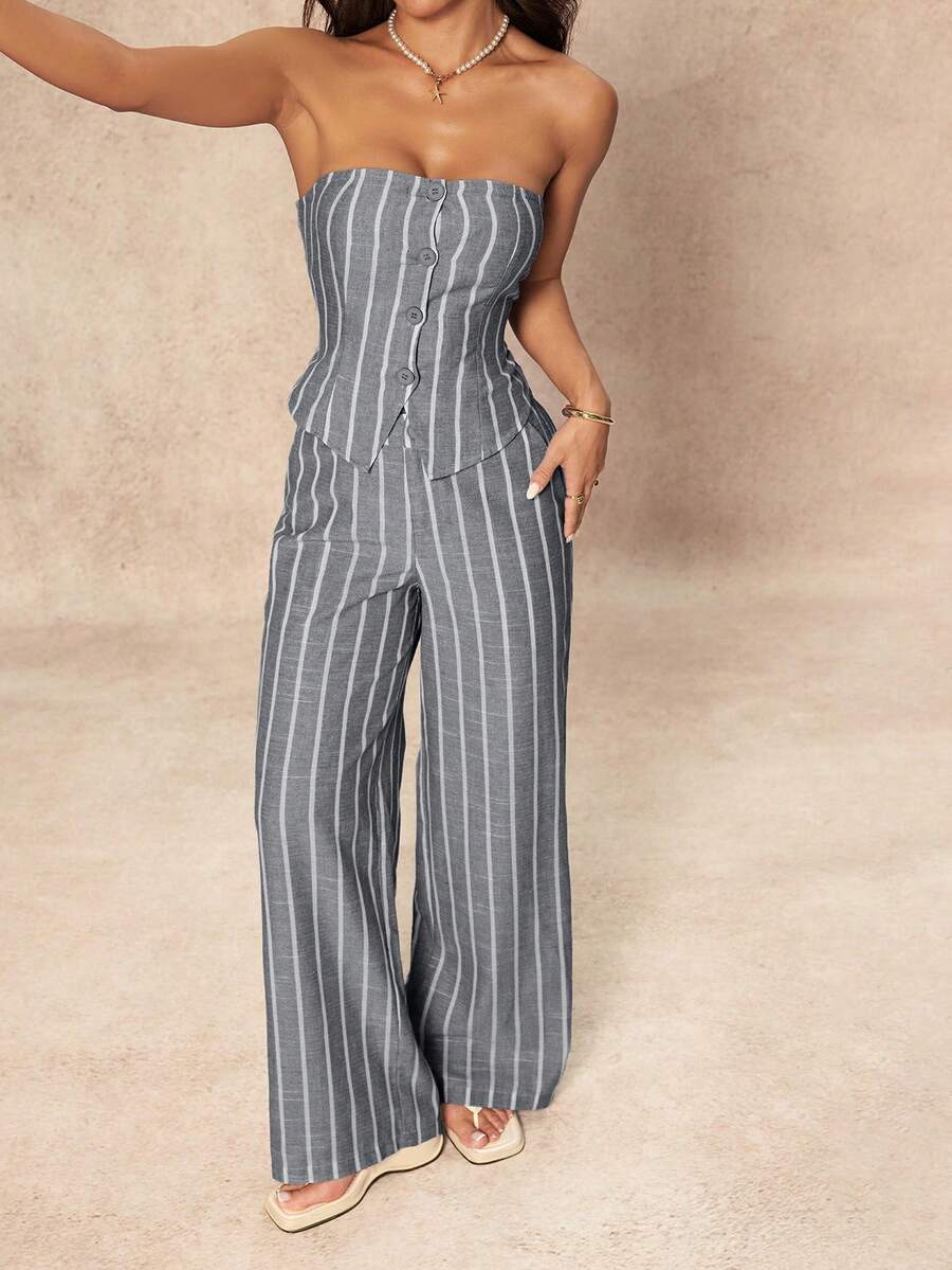 SHEIN PETITE 2 Peças Conjunto de Top Tubinho Listrado Minimalista e Calça Pantalona Feminino, Estilo Commuter, Verão