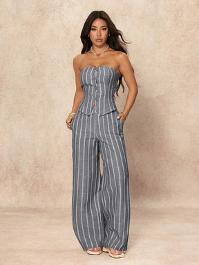 SHEIN PETITE 2 Peças Conjunto de Top Tubinho Listrado Minimalista e Calça Pantalona Feminino, Estilo Commuter, Verão
