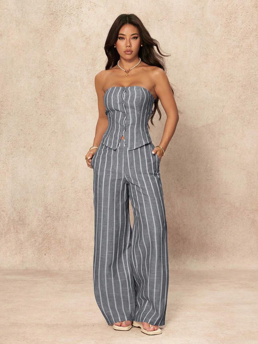 SHEIN PETITE 2 Peças Conjunto de Top Tubinho Listrado Minimalista e Calça Pantalona Feminino, Estilo Commuter, Verão
