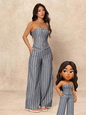 SHEIN PETITE 2 Peças Conjunto de Top Tubinho Listrado Minimalista e Calça Pantalona Feminino, Estilo Commuter, Verão