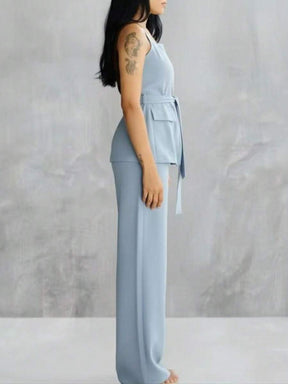 Conjunto Feminino Marrant Colete com Ziper cinto  e Calça  Simples    Casual  elegante    Nó  Bolso  Zíper    Escritório