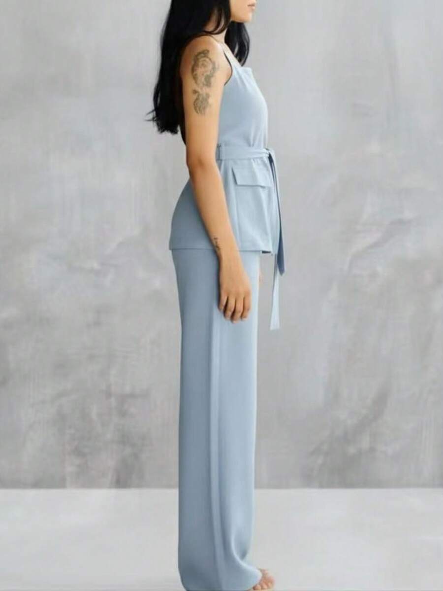 Conjunto Feminino Marrant Colete com Ziper cinto  e Calça  Simples    Casual  elegante    Nó  Bolso  Zíper    Escritório