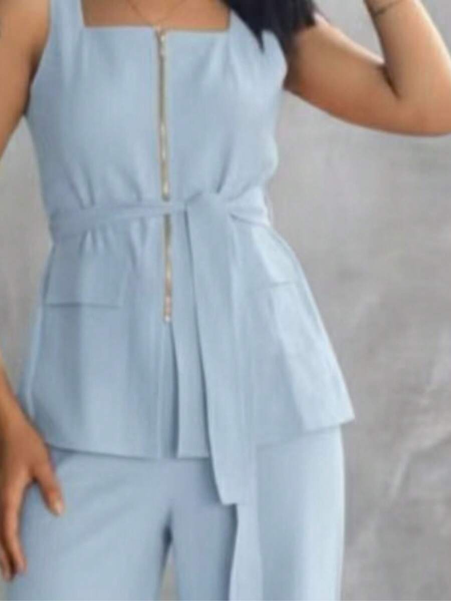 Conjunto Feminino Marrant Colete com Ziper cinto  e Calça  Simples    Casual  elegante    Nó  Bolso  Zíper    Escritório