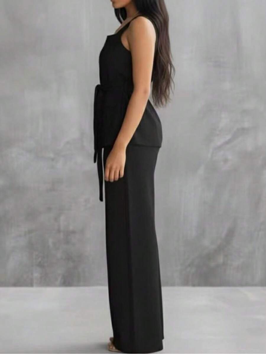 Conjunto Feminino Marrant Colete com Ziper cinto  e Calça  Simples    Casual  elegante    Nó  Bolso  Zíper    Escritório