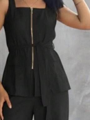 Conjunto Feminino Marrant Colete com Ziper cinto  e Calça  Simples    Casual  elegante    Nó  Bolso  Zíper    Escritório