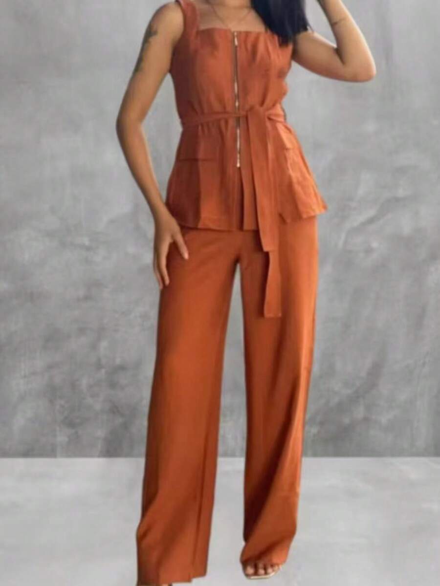 Conjunto Feminino Marrant Colete com Ziper cinto  e Calça  Simples    Casual  elegante    Nó  Bolso  Zíper    Escritório