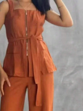 Conjunto Feminino Marrant Colete com Ziper cinto  e Calça  Simples    Casual  elegante    Nó  Bolso  Zíper    Escritório