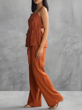 Conjunto Feminino Marrant Colete com Ziper cinto  e Calça  Simples    Casual  elegante    Nó  Bolso  Zíper    Escritório