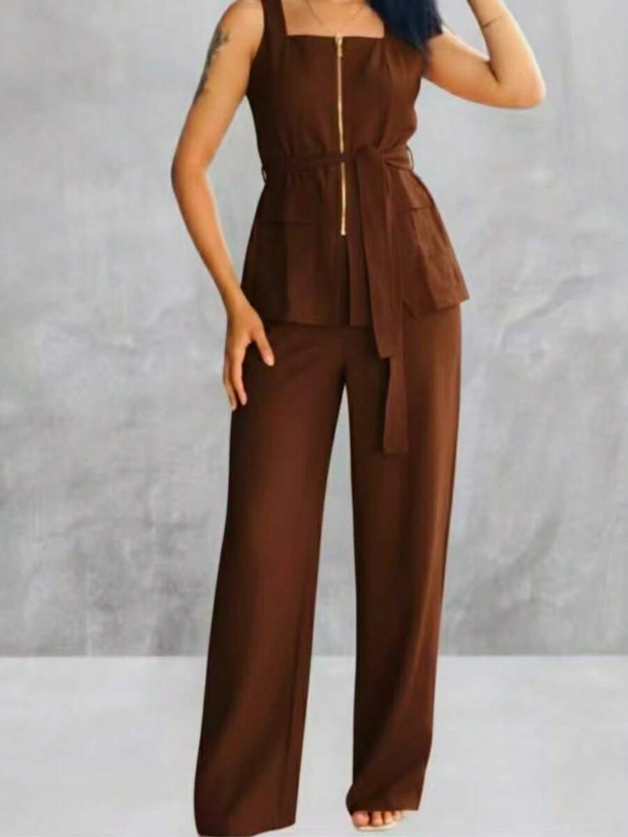 Conjunto Feminino Marrant Colete com Ziper cinto  e Calça  Simples    Casual  elegante    Nó  Bolso  Zíper    Escritório