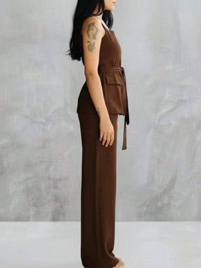 Conjunto Feminino Marrant Colete com Ziper cinto  e Calça  Simples    Casual  elegante    Nó  Bolso  Zíper    Escritório