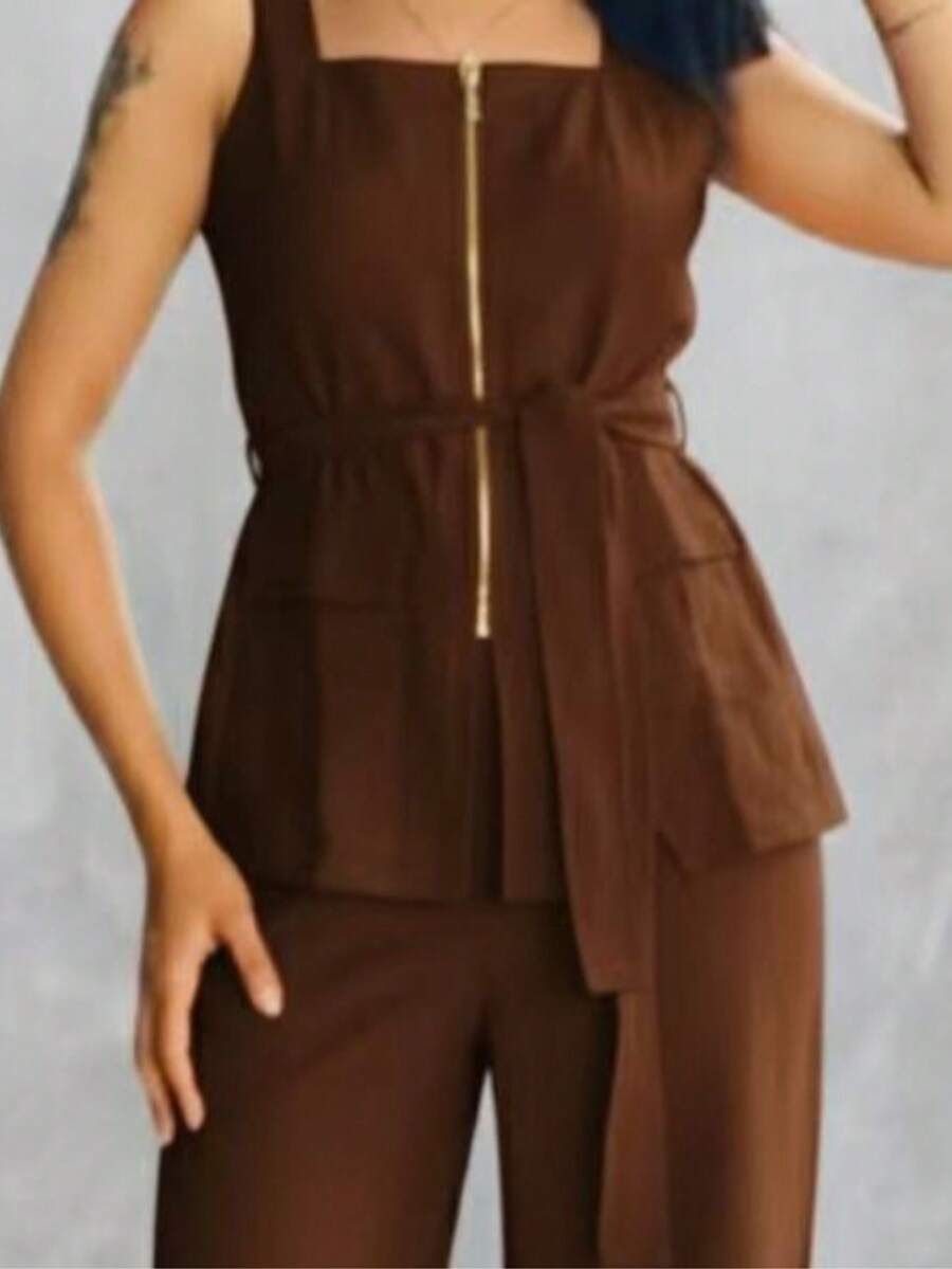 Conjunto Feminino Marrant Colete com Ziper cinto  e Calça  Simples    Casual  elegante    Nó  Bolso  Zíper    Escritório