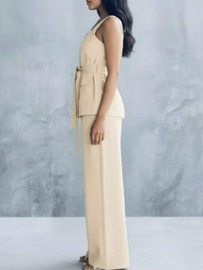 Conjunto Feminino Marrant Colete com Ziper cinto  e Calça  Simples    Casual  elegante    Nó  Bolso  Zíper    Escritório