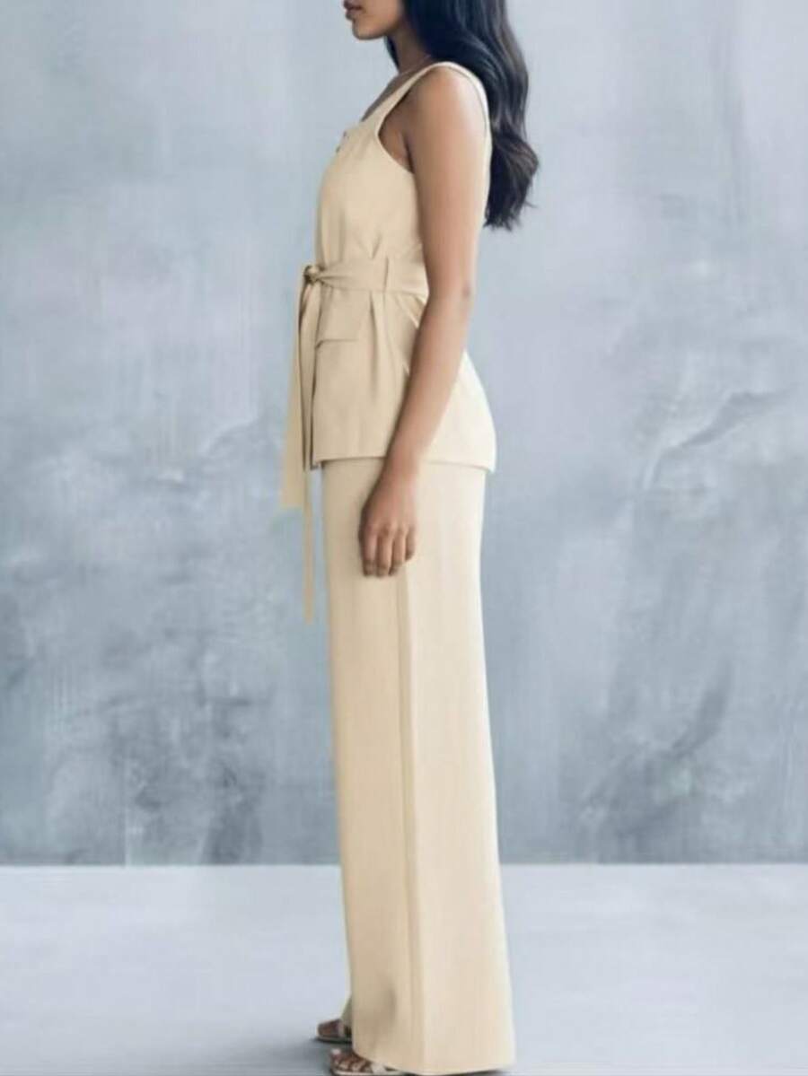 Conjunto Feminino Marrant Colete com Ziper cinto  e Calça  Simples    Casual  elegante    Nó  Bolso  Zíper    Escritório