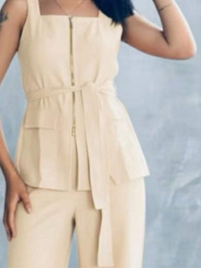 Conjunto Feminino Marrant Colete com Ziper cinto  e Calça  Simples    Casual  elegante    Nó  Bolso  Zíper    Escritório