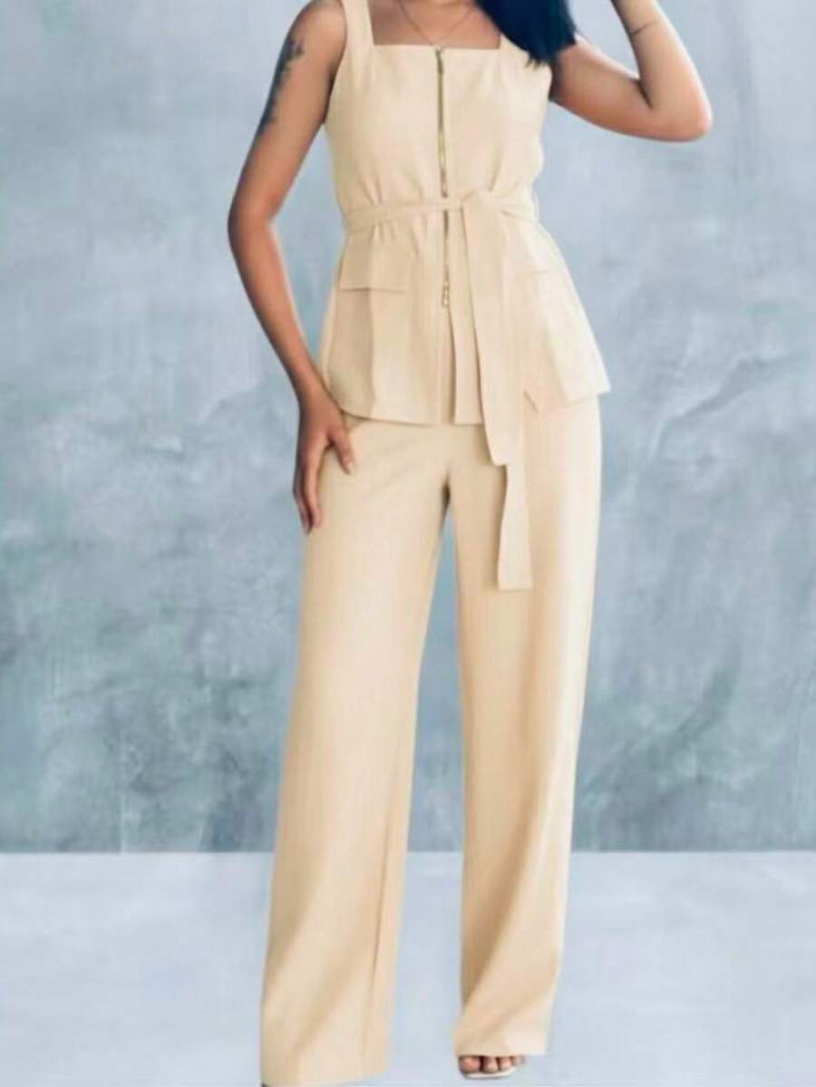 Conjunto Feminino Marrant Colete com Ziper cinto  e Calça  Simples    Casual  elegante    Nó  Bolso  Zíper    Escritório