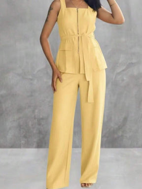 Conjunto Feminino Marrant Colete com Ziper cinto  e Calça  Simples    Casual  elegante    Nó  Bolso  Zíper    Escritório