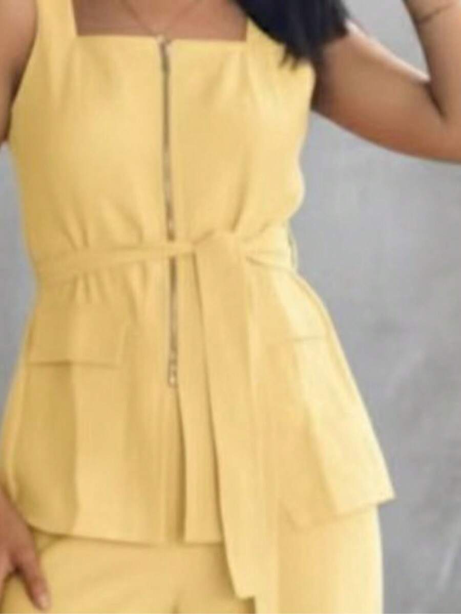 Conjunto Feminino Marrant Colete com Ziper cinto  e Calça  Simples    Casual  elegante    Nó  Bolso  Zíper    Escritório