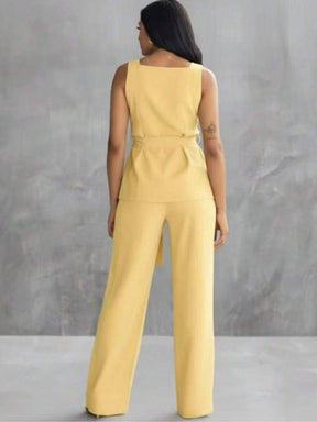 Conjunto Feminino Marrant Colete com Ziper cinto  e Calça  Simples    Casual  elegante    Nó  Bolso  Zíper    Escritório