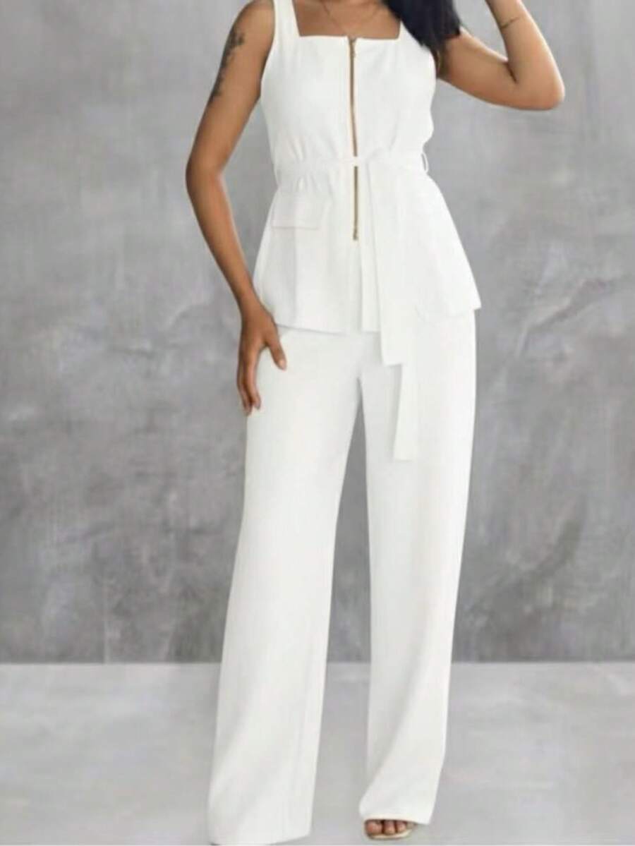 Conjunto Feminino Marrant Colete com Ziper cinto  e Calça  Simples    Casual  elegante    Nó  Bolso  Zíper    Escritório