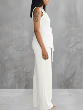 Conjunto Feminino Marrant Colete com Ziper cinto  e Calça  Simples    Casual  elegante    Nó  Bolso  Zíper    Escritório