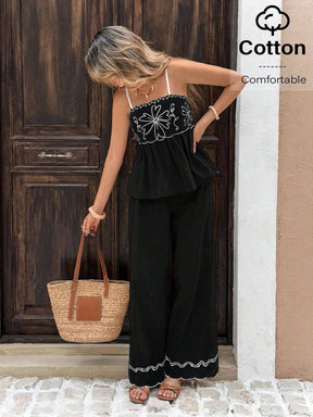 Serisse 2 Peças/Conjunto Conjunto Casual Feminino com Camisole Bordada e Calça Longa