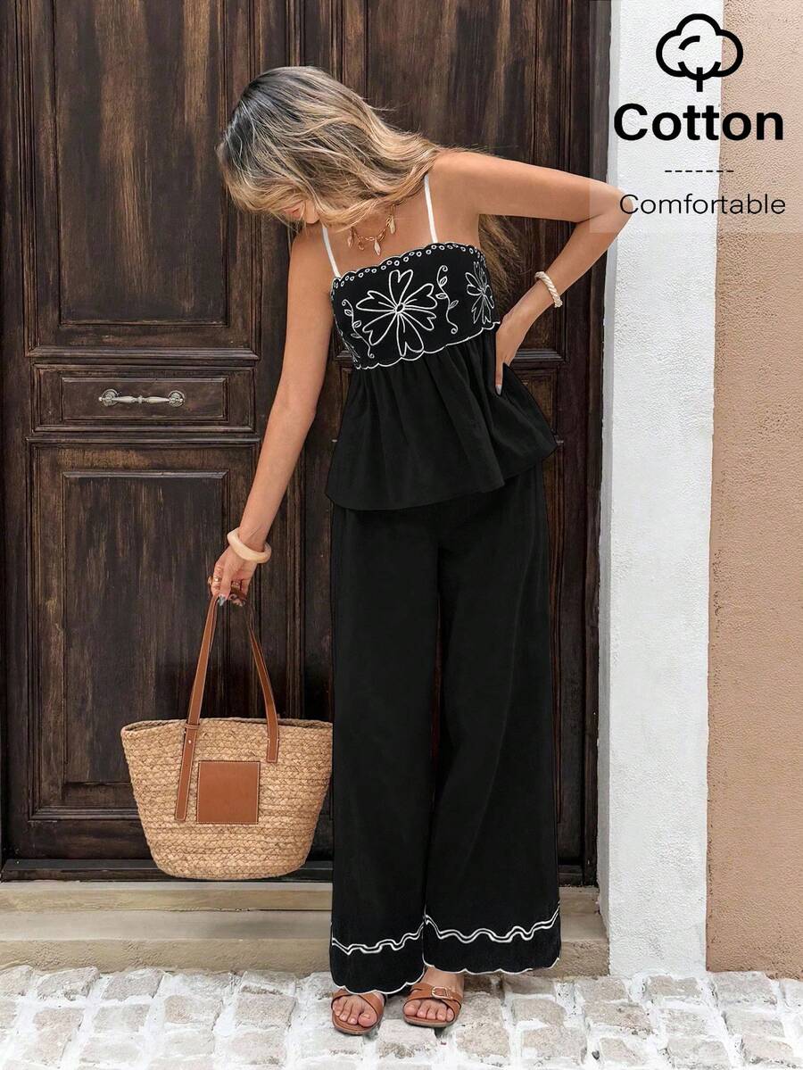 Serisse 2 Peças/Conjunto Conjunto Casual Feminino com Camisole Bordada e Calça Longa