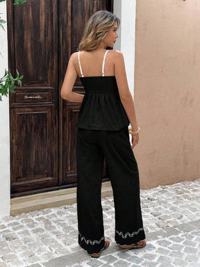 Serisse 2 Peças/Conjunto Conjunto Casual Feminino com Camisole Bordada e Calça Longa