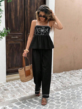 Serisse 2 Peças/Conjunto Conjunto Casual Feminino com Camisole Bordada e Calça Longa