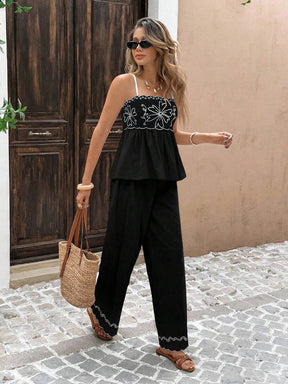 Serisse 2 Peças/Conjunto Conjunto Casual Feminino com Camisole Bordada e Calça Longa