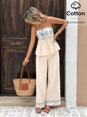 Serisse 2 Peças/Conjunto Conjunto Casual Feminino com Camisole Bordada e Calça Longa