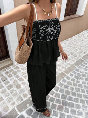 Serisse 2 Peças/Conjunto Conjunto Casual Feminino com Camisole Bordada e Calça Longa