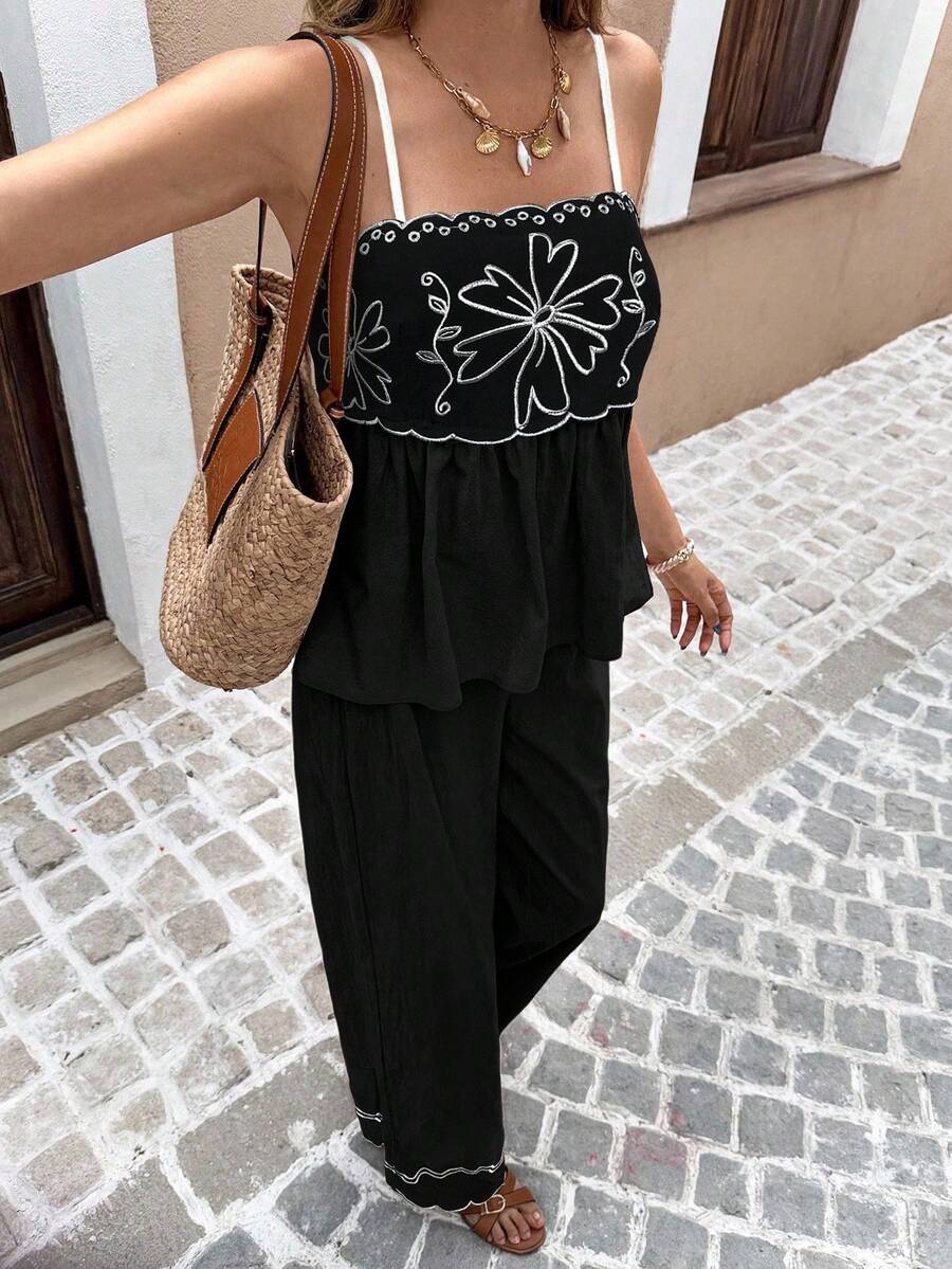 Serisse 2 Peças/Conjunto Conjunto Casual Feminino com Camisole Bordada e Calça Longa