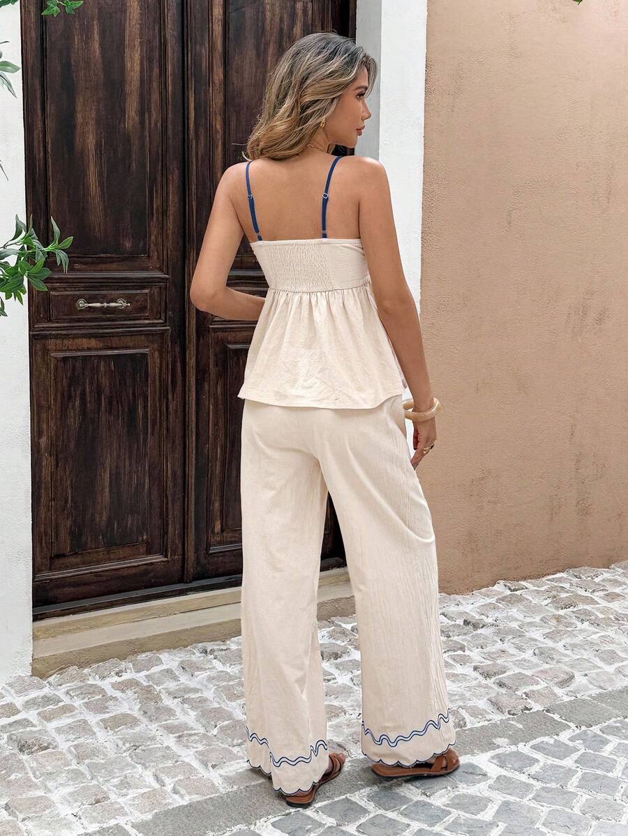 Serisse 2 Peças/Conjunto Conjunto Casual Feminino com Camisole Bordada e Calça Longa