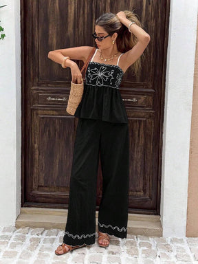 Serisse 2 Peças/Conjunto Conjunto Casual Feminino com Camisole Bordada e Calça Longa