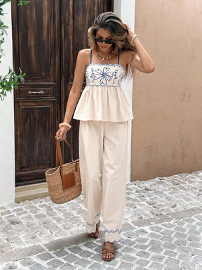 Serisse 2 Peças/Conjunto Conjunto Casual Feminino com Camisole Bordada e Calça Longa