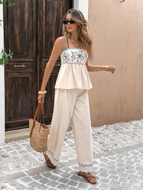 Serisse 2 Peças/Conjunto Conjunto Casual Feminino com Camisole Bordada e Calça Longa