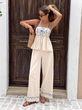 Serisse 2 Peças/Conjunto Conjunto Casual Feminino com Camisole Bordada e Calça Longa