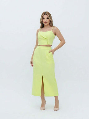 YING ZI Conjunto Social Alfaiataria Cropped Alça E Saia Midi Reta Fenda Na Barra