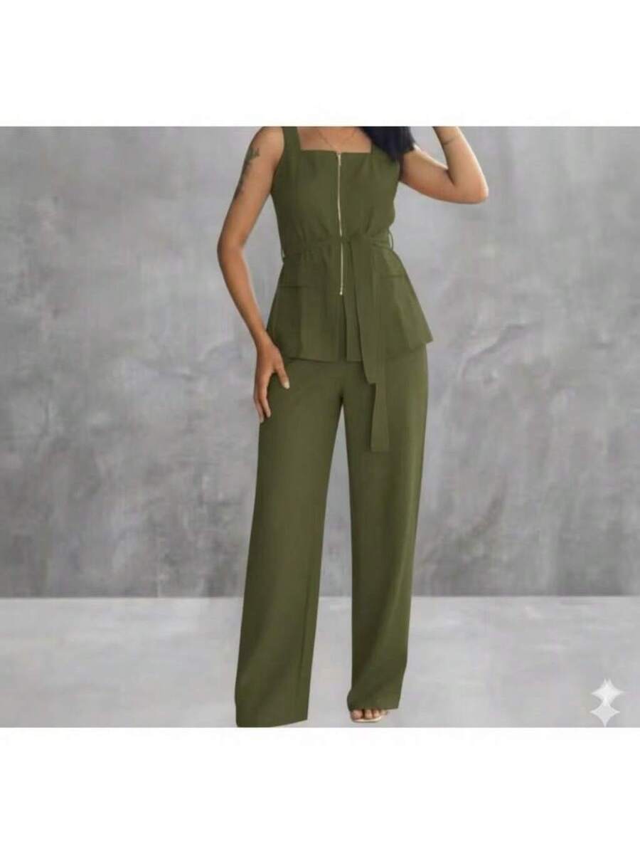 Conjunto Feminino Marrant Colete com Ziper cinto  e Calça  Simples    Casual  elegante    Nó  Bolso  Zíper    Escritório