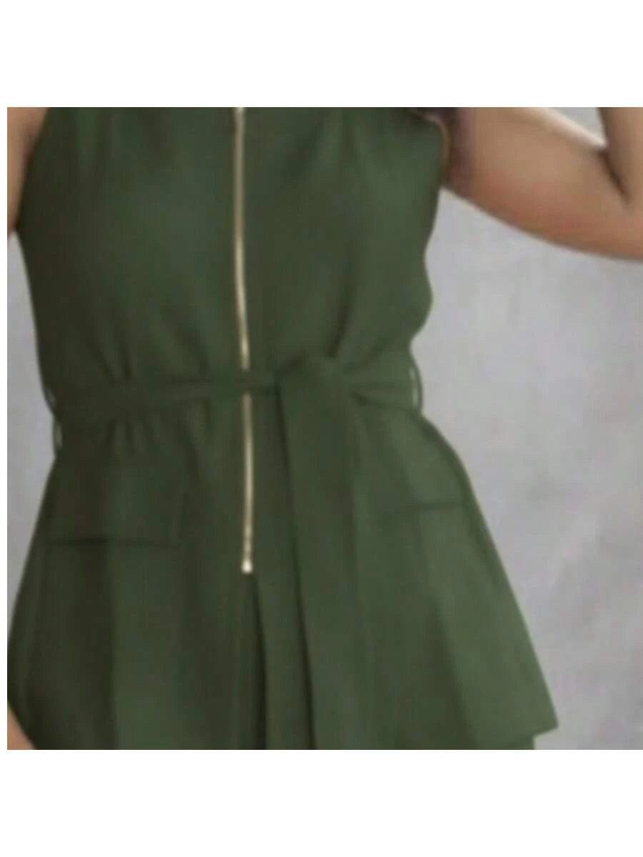 Conjunto Feminino Marrant Colete com Ziper cinto  e Calça  Simples    Casual  elegante    Nó  Bolso  Zíper    Escritório