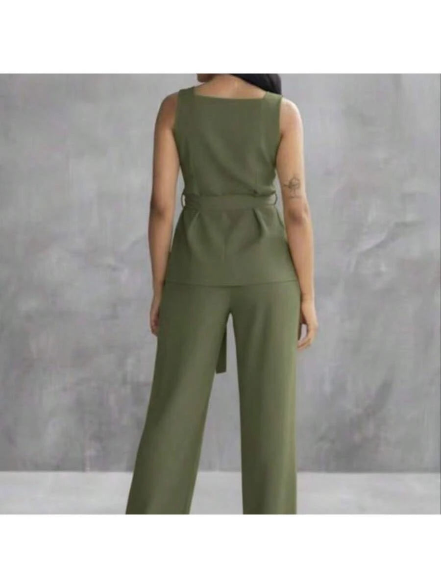 Conjunto Feminino Marrant Colete com Ziper cinto  e Calça  Simples    Casual  elegante    Nó  Bolso  Zíper    Escritório