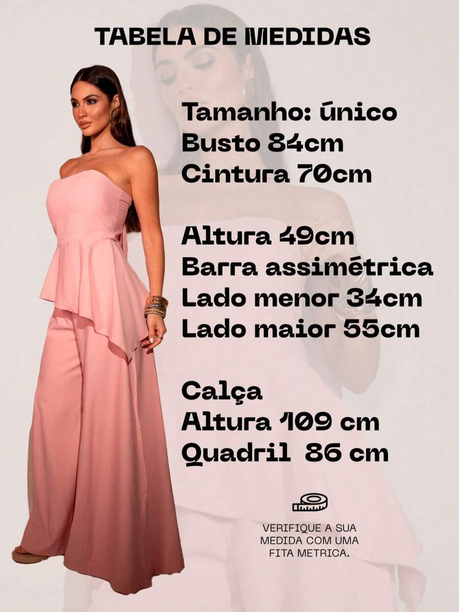 Conjunto Feminino Rosa com Calça Pantalona e Blusa Tomara que Caia Peplum Assimétrico em Tecido Marrant Elegante