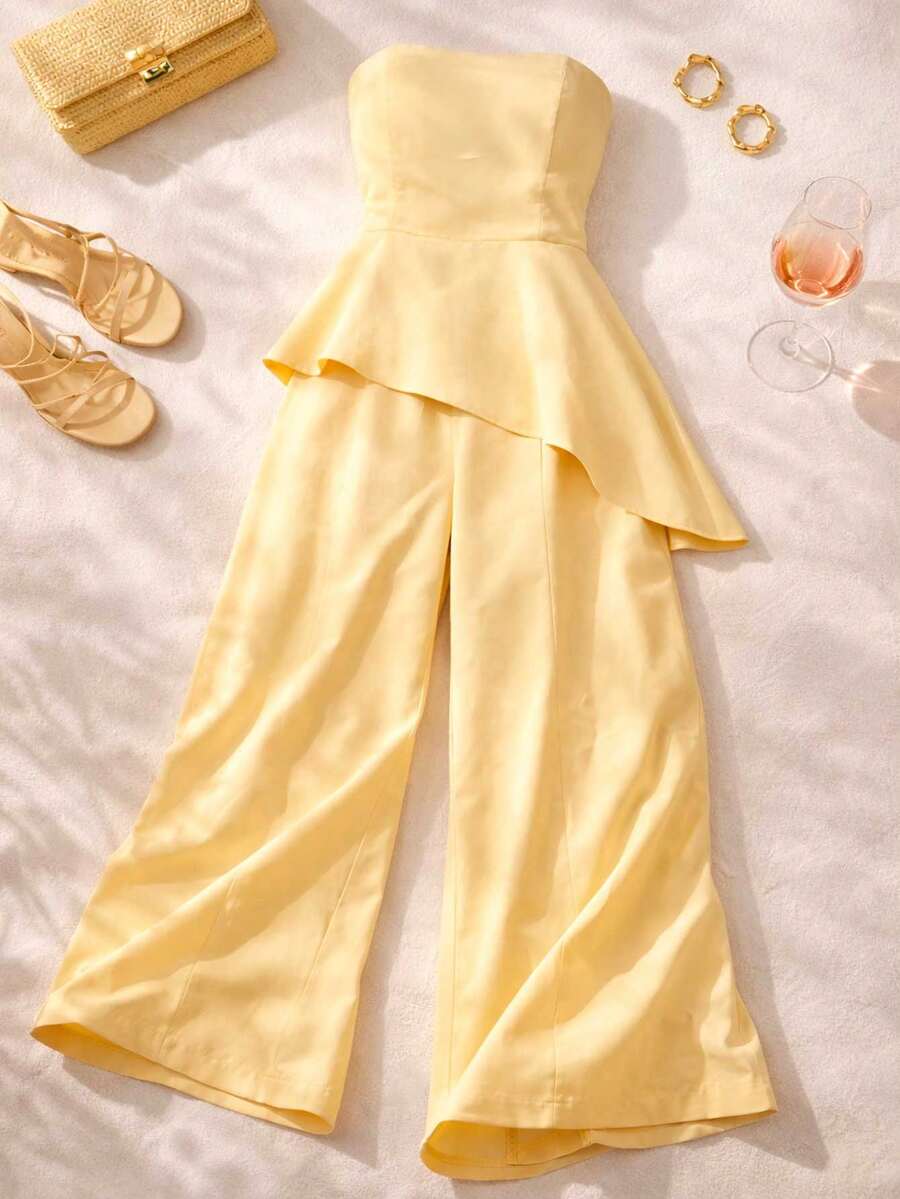 Conjunto Feminino Rosa com Calça Pantalona e Blusa Tomara que Caia Peplum Assimétrico em Tecido Marrant Elegante