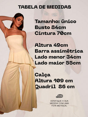 Conjunto Feminino Rosa com Calça Pantalona e Blusa Tomara que Caia Peplum Assimétrico em Tecido Marrant Elegante