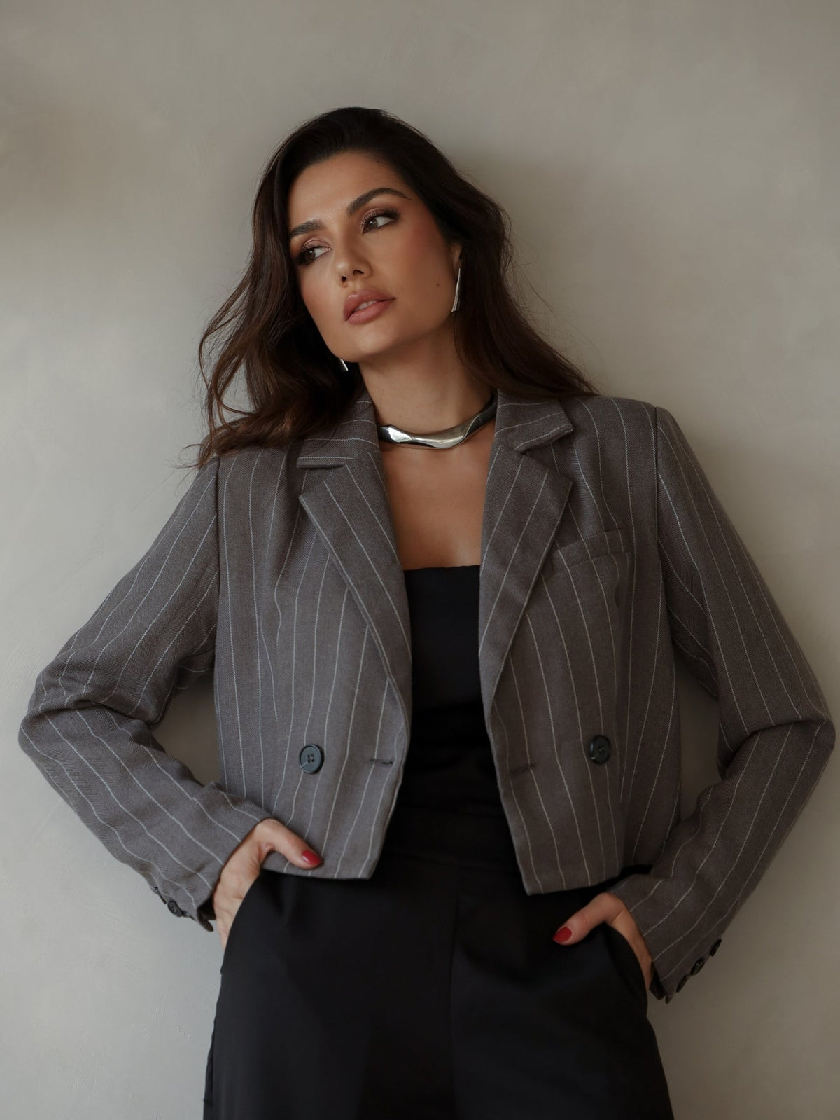 Blazer Listrado Alfaiataria Duplo com Botões Brooklyn