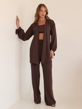 Conjunto Feminino Luna 3 Peças em Twill – Kimono, Calça Pantalona e Top