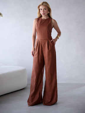 Macacão de Linho Sem Mangas Bolso Lateral Zíper nas Costas Debora